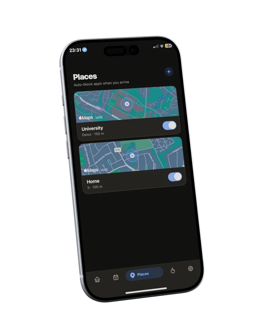 freeself Places view: auto-block apps at saved locations like university and home