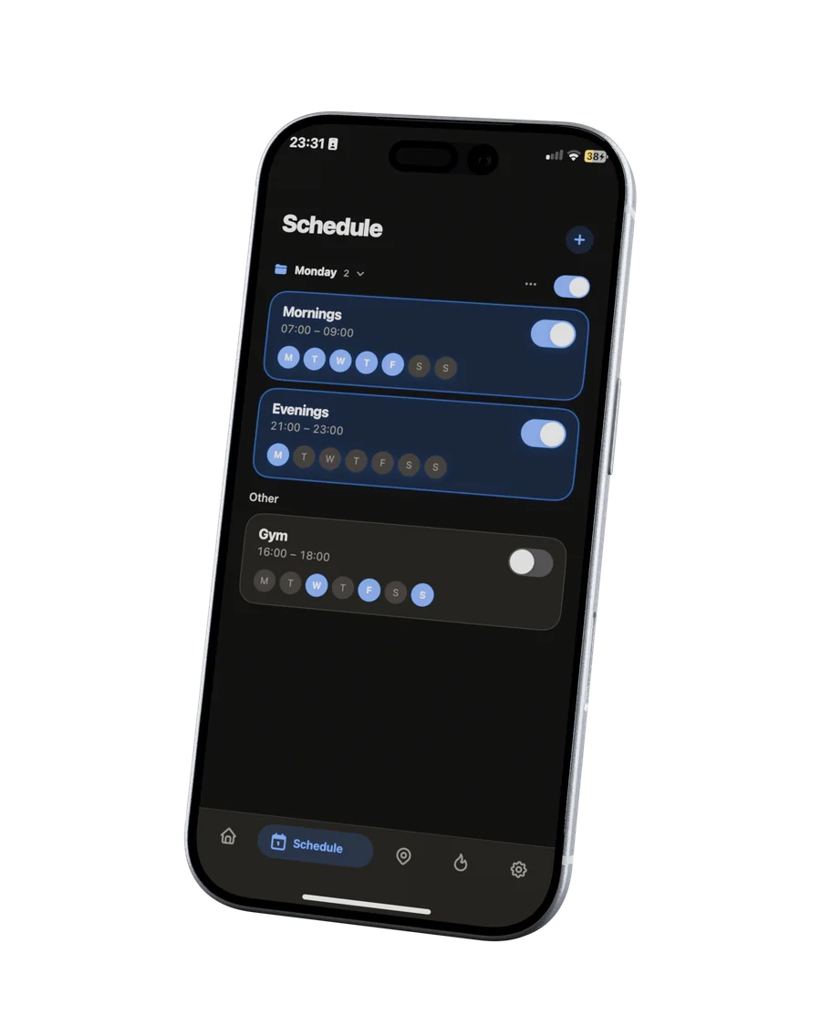 freeself Schedule view: weekly focus routines with day toggles